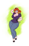  2014 anthro big_breasts blue_eyes breasts cleavage clothed clothing female jeans kaboozle mammal pig ponytail porcine solo wide_hips 