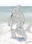  abs andrew_(mrisolet) anthro biceps big_muscles bracelet bulge clothing fangs fin fish grey_skin grin jewelry jockstrap male marine markshark_(artist) mrisolet muscles pecs pose red_eyes scales scar sea shark smile solo standing tattoo teeth toned topless underwear water wristband 