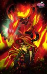  2014 bag belt blonde_hair blue_eyes clothing demon english_text equestria_girls equine fangs female fingerless_gloves fire gloves glowing glowing_eyes hair horn jacket looking_at_viewer mammal mauroz my_little_pony red_hair studs sunset_shimmer_(eg) text unicorn wings 