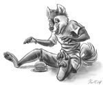  2014 anthro barefoot black_nose black_sclera burger canine claws clothed clothing dog food husky male mammal monochrome pawpads paws plain_background ratte sitting sketch solo thehuskyk9 toe_claws tongue white_background 