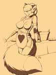  2014 anthro apron baking big_breasts breasts canine clothed clothing exposed female fluffy_tail fox fur hair looking_at_viewer mammal monochrome naked_apron smile solo starfighter 