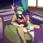  anthro balls black_nose bottomless brown_fur canine clothed clothing computer drink erection fur green_eyes green_hair green_penis grin hair half-dressed headphones humanoid_penis looking_at_viewer male mammal penis pose reclining redwolfxiii shirt sitting smile solo spread_legs spreading tan_fur tank_top 