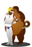  ahimsa_(artist) anthro belly belly_overhang blue_eyes brown_eyes canine chub clothing dog duo ear_piercing eyewear fur gay glasses jo luxordtimet_(artist) male mammal obese overweight piercing smile superchub tattoo timet underwear wolf 