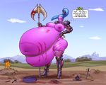  armor axe big_belly big_breasts big_butt bigbigonda blood blue_eyes blue_hair breasts bulge burping butt clothing ear_piercing english_text female footwear giant hair hard_vore helmet hyper hyper_belly legwear monster nipples open_mouth oral_vore piercing ponytail post_vore purple_lips shield text thick_thighs torn_clothing vore weapon 