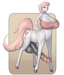  2014 animal_genitalia bakuhaku balls big_breasts blanche breasts cleavage clothed clothing cutie_mark dickgirl equine fur hair horsecock huge_breasts hyper hyper_penis intersex looking_at_viewer mammal my_little_pony penis pink_hair precum solo taur vein white_fur 