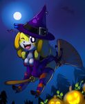  &lt;3 2014 animal_crossing anthro bat big_breasts breasts broom canine cleavage clothed clothing dog female halloween hat holidays isabelle_(animal_crossing) legwear looking_at_viewer mammal moon night nintendo one_eye_closed open_mouth outside pumpkin stockings teckworks video_games witch_hat 