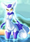  anthro blush breasts dark-moltres feline female fur mammal meowstic nintendo nude outside pok&eacute;mon purple_fur pussy red_eyes small_breasts solo standing video_games water white_fur wide_hips 