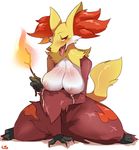  1girl 2014 anthro big_breasts blush breasts canine delphox digital_media_(artwork) female fire fox fur furry hi_res holding_stick inner_ear_fluff lactating lactation large_breasts lightsource looking_at_viewer mammal milk nintendo nipples no_humans open_mouth plain_background pok&eacute;mon pokemon red_eyes red_nose solo stick teeth tongue tongue_out video_game video_games white_background yellow_fur 