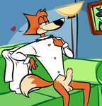  &lt;3 anthro balls bedroom_eyes bottomless bow_tie canine clothed clothing erection fox half-closed_eyes half-dressed ladysomnambule looking_at_viewer male mammal penis precum seductive shirt smile sofa solo spy_fox spy_fox_(series) uncut 