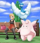  absurd_res altaria avian bird blush breasts clefable clothed clothing cum female group hi_res human mammal messy nintendo ole outside pok&eacute;mon serena_(pok&eacute;mon) video_games wings 