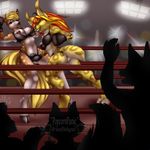  anthro boxing bra breasts butt cervine clothing cloven_hooves deer duo equine feline female fur hitting hooves horse jennette lesbian lynx mammal nipple_slip nipples panties popcornpanic punch sable_(shadowolfox) underwear yellow_fur 