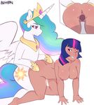  all_fours antelon anthro bestiality blush breasts butt crown dickgirl doggystyle duo equine female feral friendship_is_magic from_behind horn human human_on_feral intersex interspecies mammal my_little_pony princess_celestia_(mlp) sex twilight_sparkle_(mlp) vaginal winged_unicorn wings 