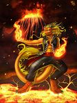  2014 anthro azsola chinese_dragon digital_media_(artwork) dragon drake ember eruption fire lava magic magic_user male pose scalie smoke solo spell volcano 