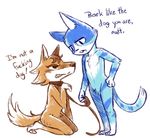  animal_crossing anthro blue_fur blush brown_fur canine cat chief_(animal_crossing) collar dialogue duo feline fur kneeling leash male mammal moe_(animal_crossing) nintendo petplay reality_undoer roleplay video_games wolf 