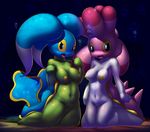  2014 anthro anthrofied areola breasts duo elpatrixf female gastropod green_skin looking_at_viewer navel nintendo nipples nude open_mouth pok&eacute;mon pussy shell shellos slug underwater video_games water white_skin yellow_nipples 
