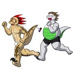  anthro boxers briefs candy_bar chocolate claws clothed clothing digital_media_(artwork) dinosaur dragon duo exhaustion gay half-dressed immelmann male muscles obese overweight panting raptor rocky_(series) running spiked_hair toe_claws tongue tongue_out topless trokkemlan underwear visor 