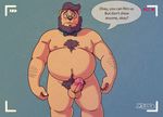  balls bear beard blush bow_tie chest_tuft chubby dredd erection eyewear facial_hair fur glasses humanoid_penis male mammal nude penis pubes recording solo standing text tuft 