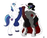  2014 absurd_res animal_genitalia anjuneko anthro anthrofied badgerben balls big_balls black_fur black_hair blue_eyes cape cutie_mark duo equine friendship_is_magic frottage fur gay green_sclera hair hi_res horn horsecock hyper hyper_balls hyper_penis king_sombra_(mlp) male mammal my_little_pony penis plain_background red_eyes sex shining_armor_(mlp) two_tone_hair unicorn white_background white_fur 