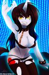  &lt;3 abstract_background anthro big_breasts breasts brown_hair chain chibi-chiaki cleavage clothed clothing collar cutie_mark ear_piercing equine fan_character female fur hair high-angle_shot horn legwear long_hair looking_at_viewer mammal my_little_pony navel piercing raised_arm reaching sitting smile solo stockings thong torn_clothing unicorn wristband yellow_eyes 