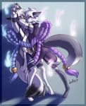  2014 akukun anthro arctic_fox arm_grab black_fur blue_eyes blush canine clothing couple fennec fire fox fur gay girly gradient_background hands_up japanese_clothing kimono lehran male mammal purple_eyes seductive smirk white_fur whitephox 