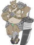  anthro armor bear chubby convincing_weapon looking_at_viewer male mammal megawaffle_(artist) navel rodney_(dj) solo standing sword topless unconvincing_armor weapon 