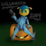  2014 anthro armadillo balls blush bodypaint chibi claws cosplay crossover cute fifa fuleco fur green_eyes halloween holidays jack_o&#039;_lantern looking_at_viewer male mammal mascot metroid nintendo nipples nude penis pumpkin smile solo video_games yellow_fur zekromlover zero_suit 