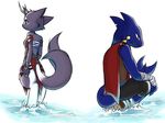  4:3 anthro blue_body blue_skin canine cervine crouching deer female fish fox fur horn hybrid male mammal marine outside pollo-chan purple_fur shark standing water 