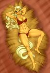  2014 abs anthro anthrofied applejack_(mlp) blonde_hair blush bra clothing cutie_mark earth_pony equine female freckles friendship_is_magic green_eyes hair hay horse human_feet long_hair lying mammal muscles muscular_female my_little_pony navel on_back panties pia-sama plantigrade pony solo underwear 