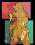  anthro back balls bear blush brown_fur butt clothing fur honey kihu looking_at_viewer looking_back male mammal rear_view solo standing tongue tongue_out topless torn_clothing 