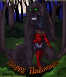  anthro aysu black_fur brown_fur canine cleavage clothed clothing collar crossdressing duo english_text female fur glowing glowing_eyes grass green_eyes halloween holidays hood legwear lingerie looking_at_viewer male mammal moon mrchocolate nicodemus outside size_difference standing stockings teeth text tree were werewolf 