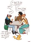  ash_ketchum brock cigarette clothed clothing coffee dialogue english_text female feral group hipster human male mammal misty ngozi nintendo older pikachu pok&eacute;dex pok&eacute;mon scarf text video_games 