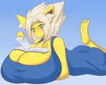  anthro beige_hair big_breasts blush book breasts chest_tuft dress eeveelution female fur green_eyes hindpaw huge_breasts hyper hyper_breasts jcdr jolteon nintendo paws pok&eacute;mon ruby_(character) smile solo toes tuft video_games yellow_fur 