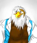  2014 anthro avian beak big_muscles bird black_eyes blush brown_body brown_fur chest_tuft clothing eagle embarrassed feathers fur jacket male muscles nihaw open_mouth open_shirt pecs plain_background pose shirt solo standing toned tuft white_background white_body 