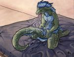  anthro bed blue_hair blue_scales cum cum_everywhere cum_on_chest cum_on_hand cum_on_penis cum_on_self cum_on_tail cum_on_tongue cumshot eyes_closed fur green_fur hair inside kneeling long_tongue male masturbation messy on_bed orgasm penetration penis renzey reptile ruaidri scales scalie simple_background solo tail_between_legs tail_sex toned tongue tongue_out traditional_media_(artwork) watercolor_(artwork) 
