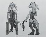  2014 anthro cat-o-nine-tails chair corset digitigrade ecmajor female high_heeled_boots high_heels kobold leather looking_at_viewer looking_back mascara monochrome sitting slit_pupils solo whip 