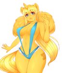  &lt;3 anthro big_breasts blonde_hair blue_eyes blush breasts clothing cutie_mark equine fan_character feathers female fur golden_ticket hair horn kurikko long_hair looking_at_viewer mammal my_little_pony nekocakeart sling smile solo standing swimsuit winged_unicorn wings yellow_fur 