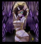  abstract_background anthro arms_above_head bandage bedroom_eyes big_breasts blue_eyes breasts equine fan_character female fur hair hooves horn long_hair looking_at_viewer mammal monstrenoir mummy my_little_pony navel open_mouth smile solo standing stitches two_tone_hair undead unicorn 