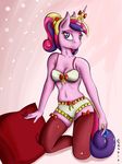  abstract_background anthro bedroom_eyes bra breasts cleavage clothed clothing condom conrie equine female friendship_is_magic fur hair hi_res hooves horn kneeling legwear long_hair looking_at_viewer mammal multicolored_hair my_little_pony navel panties pillow pink_fur princess_cadance_(mlp) purple_eyes smile solo stockings underwear unicorn 