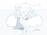  anthro big_breasts breast_grab breasts bxulnooxgard canine colored_pencils creating_art delphox drawing eraser fangs female fox happy huge_breasts hyper hyper_breasts mammal monochrome nintendo nipples on_ground paper pointing pok&eacute;mon unown video_games 