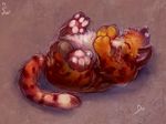  2014 ambiguous_gender cub cute dlost eyes_closed feline feral fluffy fur happy lying mammal nude on_back orange_fur pink_nose signature solo texture_background warm_colors whiskers white_fur white_pawpads young 