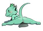  anthro anus blush blush_(artist) breasts butt crown female green_skin horn kobold looking_back plain_background pussy royalty scalie solo splits spread_legs spreading towergirls white_background 