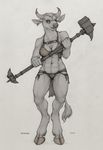  2014 abs anthro armor bikini bovine breasts cattle clothing ear_piercing ecmajor female fur greyscale hair hammer hooves horn looking_at_viewer mammal minotaur monochrome muscles muscular_female navel piercing smile solo swimsuit tools unconvincing_armor weapon 