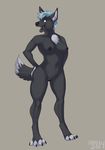  anthro black_nipples black_nose black_pussy blue_hair breasts canine chest_tuft claws crossgender dbd female fur green_eyes hair looking_at_viewer mammal nipples nude plain_background pussy smile solo standing tamati toe_claws tuft wolf 
