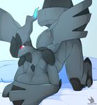  2014 anthro bed big_breasts breasts dragon drakeraynier female hi_res huge_breasts legendary_pok&eacute;mon looking_at_viewer nintendo nude on_bed pillow plain_background pok&eacute;mon red_eyes solo video_games wings zekrom 