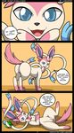  2014 absurd_res anus blue_eyes bow butt dialogue eating eeveelution english_text female feral food fur hi_res kuroodod looking_at_viewer looking_back lying mammal nintendo on_back open_mouth pink_fur pok&eacute;mon presenting pussy solo standing sylveon text video_games white_fur 