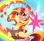  2014 blonde_hair blue_eyes book cutie_mark equestria_girls equine female feral glowing hair horn levitation magic mammal my_little_pony pen rainbow rainbowscreen red_hair solo sunset_shimmer_(eg) two_tone_hair unicorn writing 