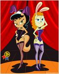  anthro black_hair blue_eyes bow_tie cat cleavage clothed clothing davecartoons feline female hair hairband high_heels kitty_katswell lagomorph looking_at_viewer mammal rabbit t.u.f.f._puppy wide_hips 