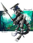  ambiguous_gender anthro armor armoured claws clothed clothing forest fur holding_weapon jungle m5-nenyou medieval melee_weapon nature outside polearm sergal spear tree weapon yellow_eyes 