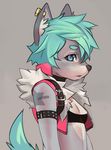  anthro blue_eyes breasts canine cloth clothing dog ear_piercing female fur green_hair grey_background hair mammal piercing plain_background small_breasts solo suto tattoo tuft underwear wolf 