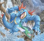  absurdres animal_focus basculin basculin_(blue) claws cloud cloudy_sky commentary_request feraligatr fish highres katkichi lightning no_humans open_mouth outdoors pokemon pokemon_(creature) sharp_teeth shiny sky splashing teeth tongue water yellow_eyes 